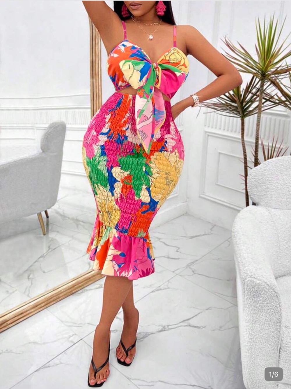 SHEIN Multicolor Tropical Bow-Front Bodycon Dress (Pink, Green, Yellow, Blue)